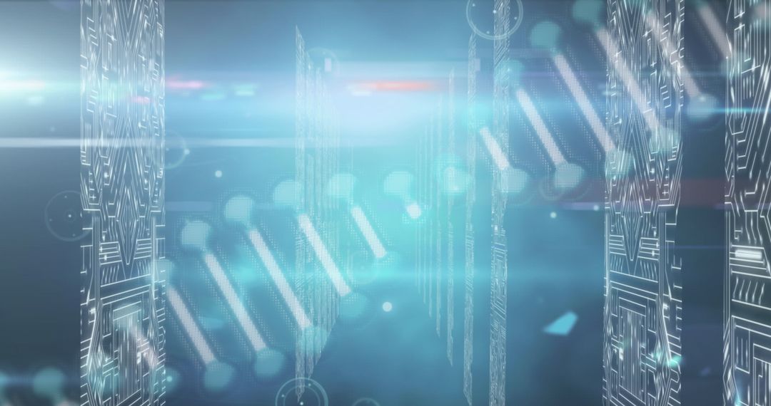 DNA Strand with Microchip Patterns on Blue Background