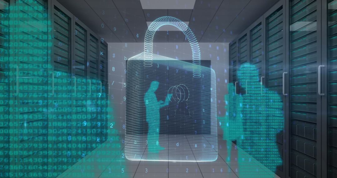 Cyber Security Concept with Padlock and Data Overlays in Server Room