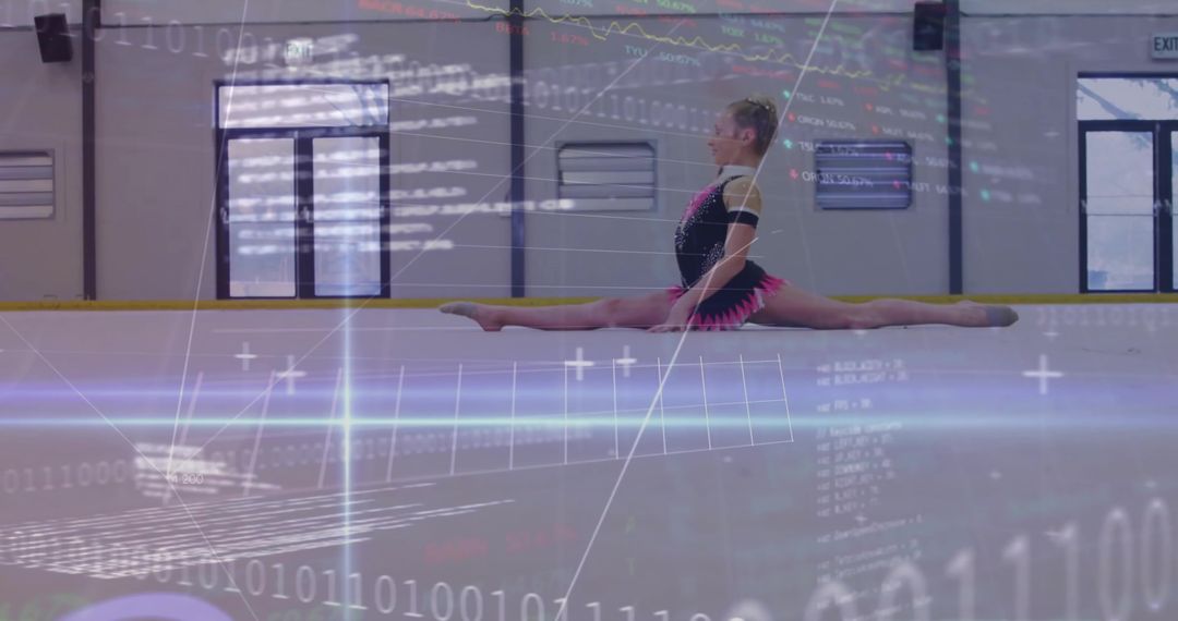 Gymnast Performing Split on Floor with Digital Overlay
