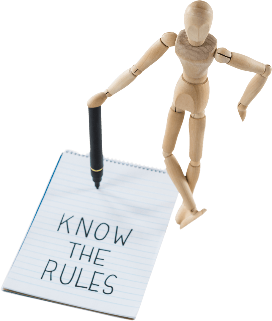 Wooden Figurine Writing 'Know the Rules' on Transparent Notepad