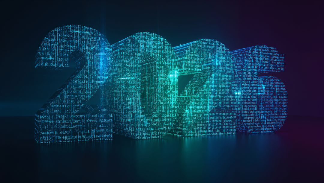 2020 Neon Cyber Matrix Numerals Glowing Cyan Futuristic Binary Code Sculpture Dark Studio