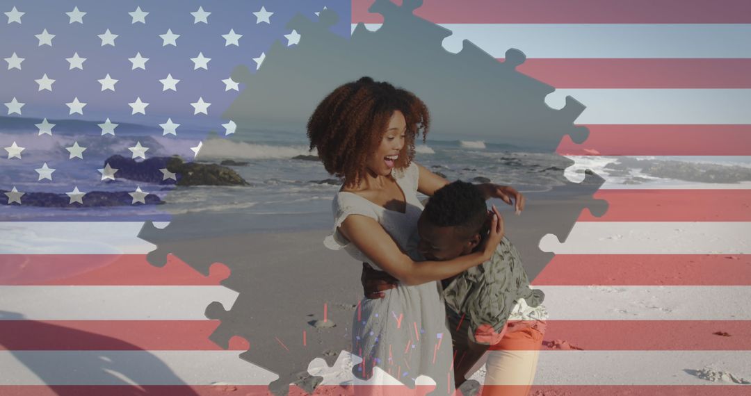 Couple Embracing on Beach with American Flag and Puzzle Effect