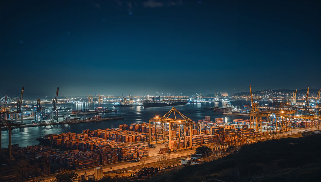 Illuminating container terminal with gantry cranes and stacked cargo awaiting shipment