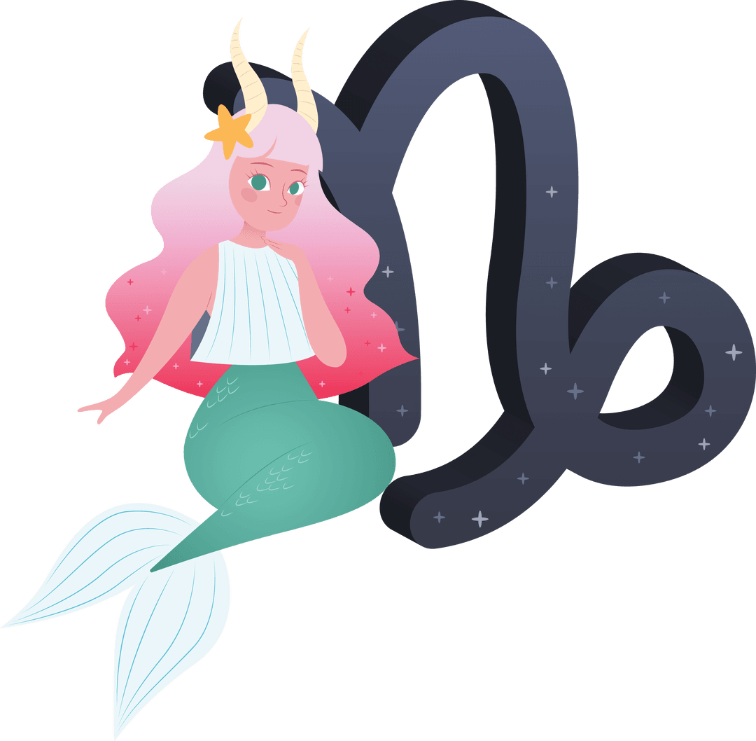 Capricorn Mermaid Zodiac Illustration on Transparent Background