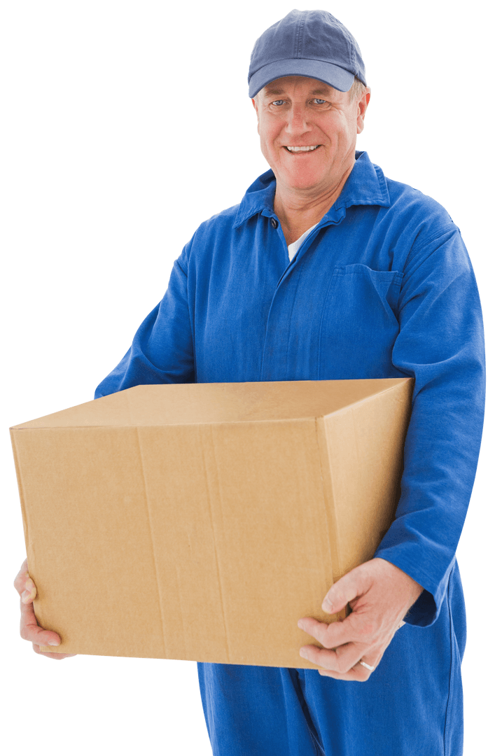 Transparent Smiling Delivery Worker Holding Cardboard Box
