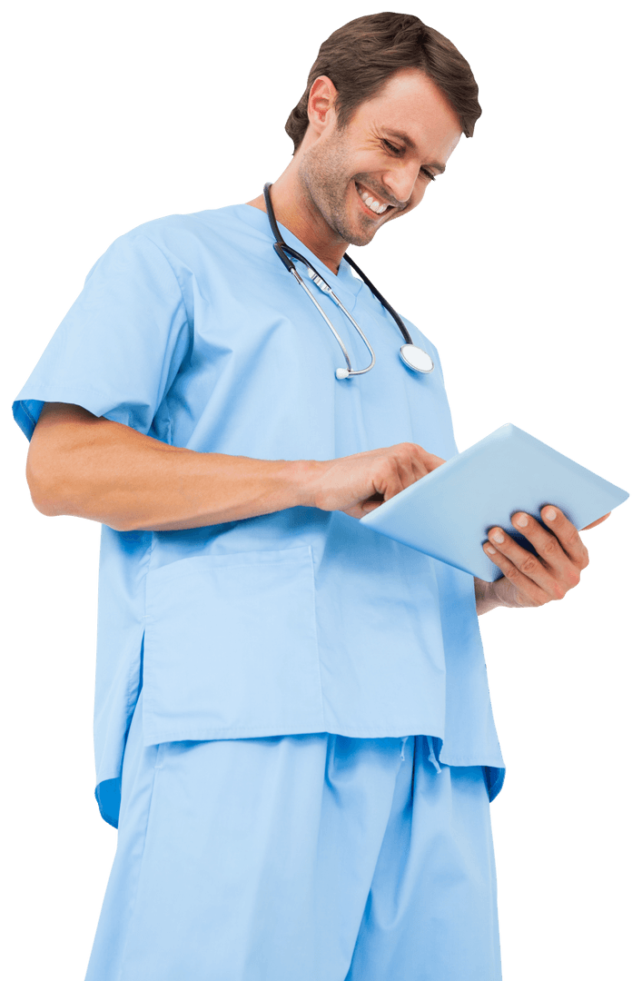 Happy Male Surgeon Using Tablet with Transparent Background