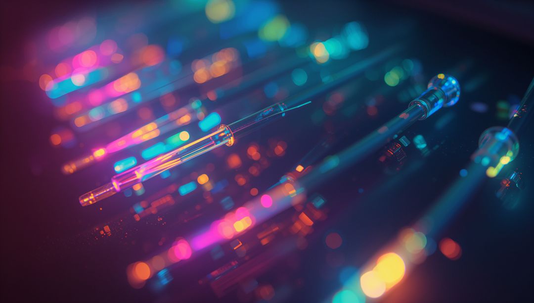 Glowing Fiber Optic Cables on Circuit Board for Futuristic Technology