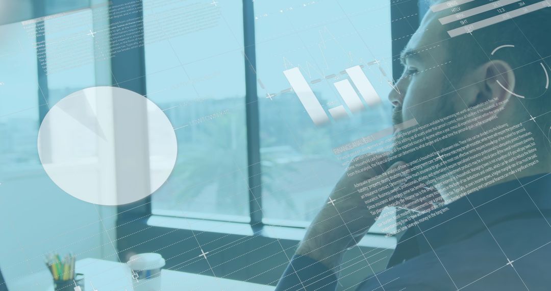 Businessman Analyzing Financial Graphs on Laptop with Futuristic Overlay