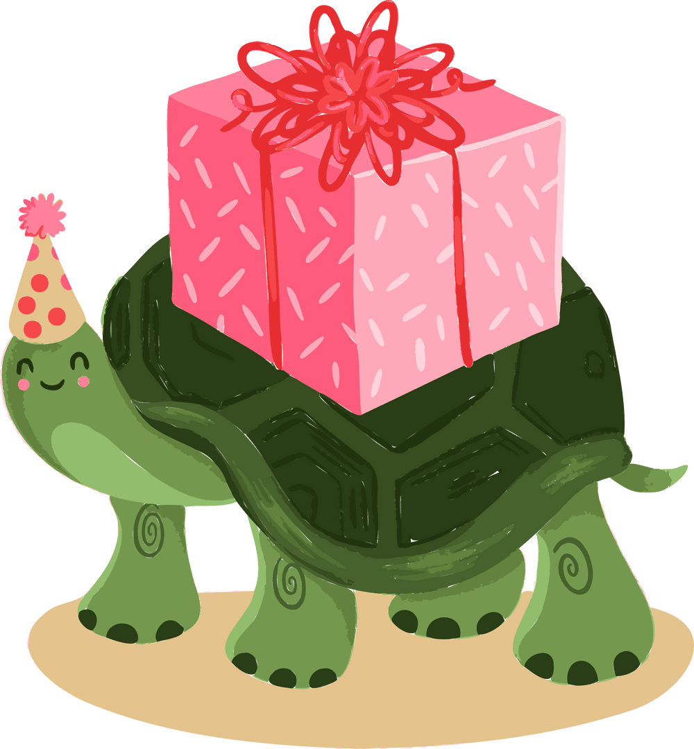 Whimsical Turtle Balancing Festive Gift with Polka-Dot Hat Transparent