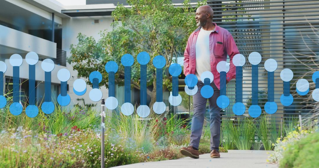 Man Strolling Courtyard with DNA Helix Overlay, Symbolizing Wellness