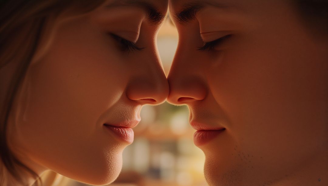 Loving Couple Sharing Intimate Forehead and Nose Touch