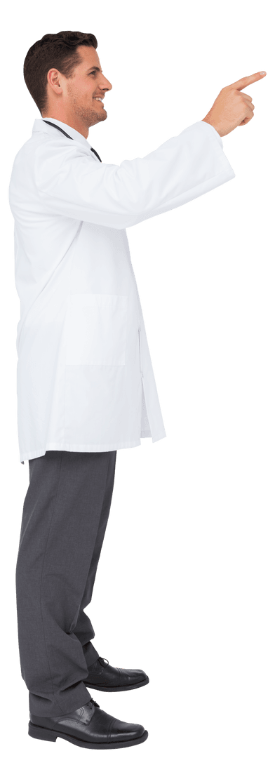 Smiling Doctor in White Coat Pointing on Transparent Background