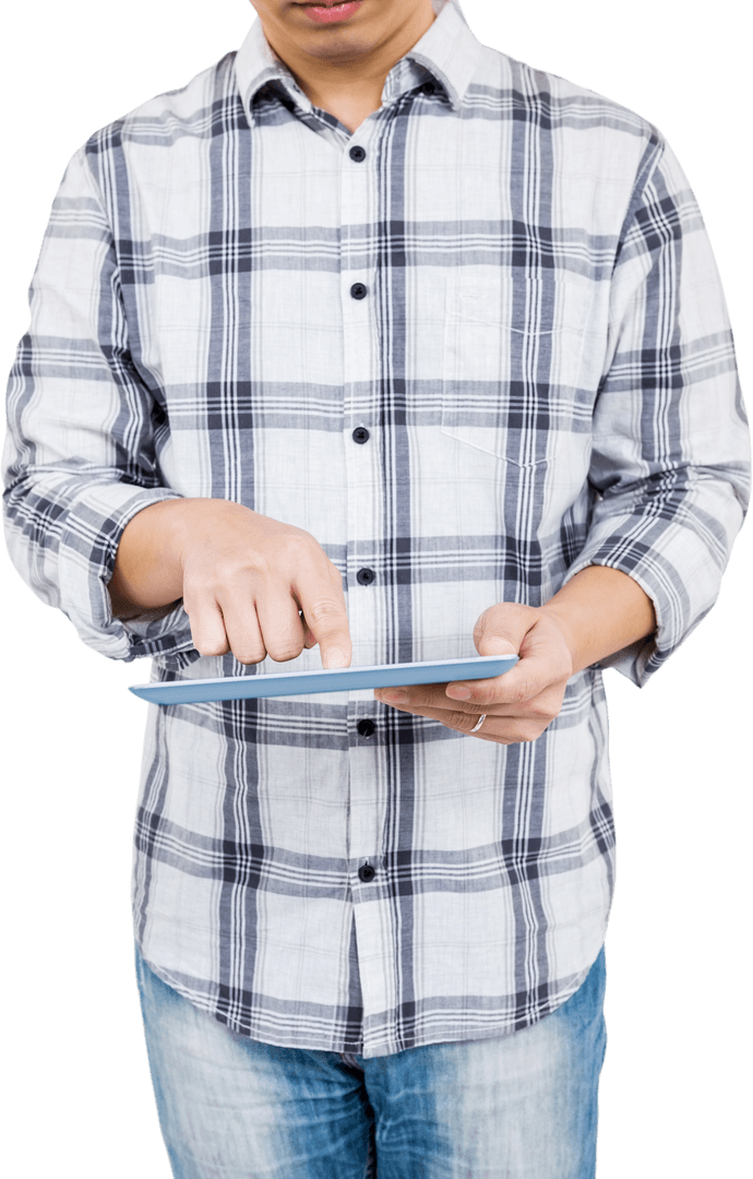 Man Using Digital Tablet with Transparent Background Plaid Shirt