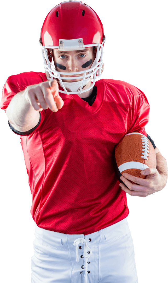 Confident American Football Player Pointing Holding Ball Transparent Background