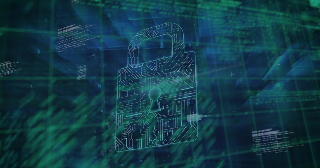 Stylized Padlock Symbol with Digital Circuit and Code Stream