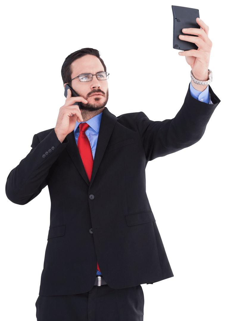 Businessman in Suit Multitasking with Phone and Calculator in Transparent Background