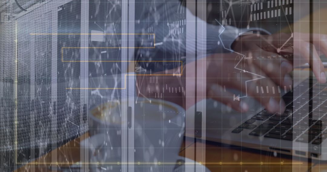 Man Managing Financial Data on Laptop with Overlayed Digital Charts