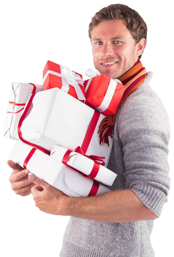 Man Holding Stack of Beautifully Wrapped Presents Transparent Cutout