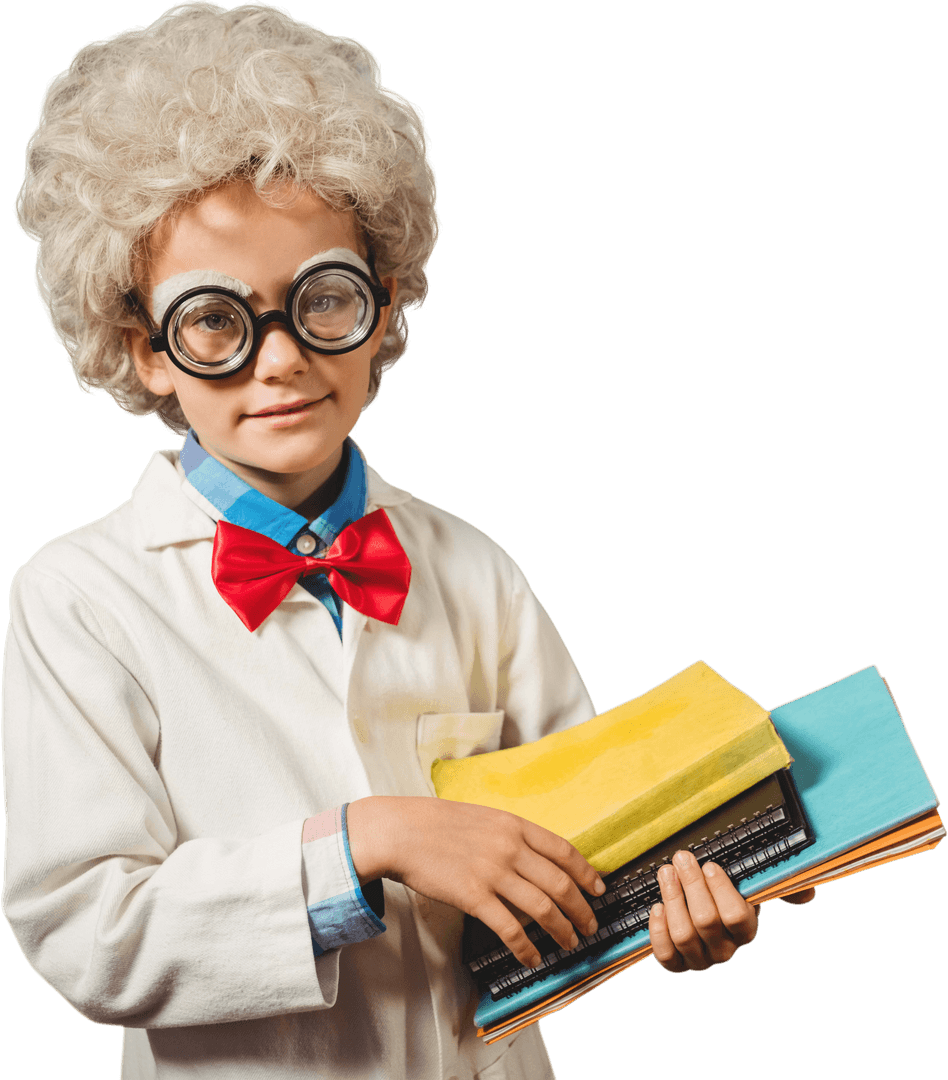 Inventive Young Genius in Costume with Bright Books Nottransparent