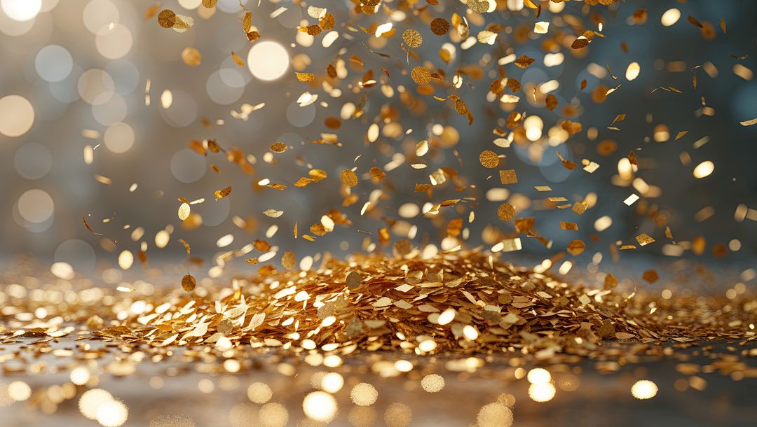 Falling Golden Confetti with Festive Bokeh Reflections
