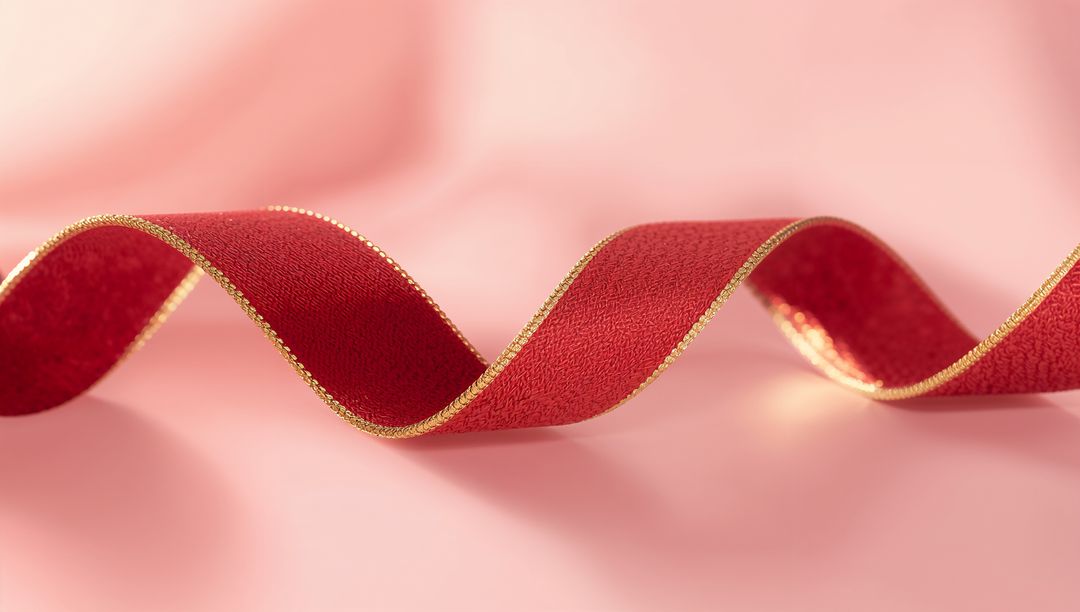 Flowing red ribbon with gold edging forming elegant S-curve on pastel pink backdrop minimal studio