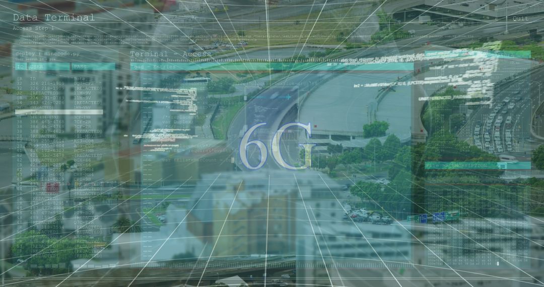 6G Technology Overlaying Modern Cityscape with Digital Interface Elements