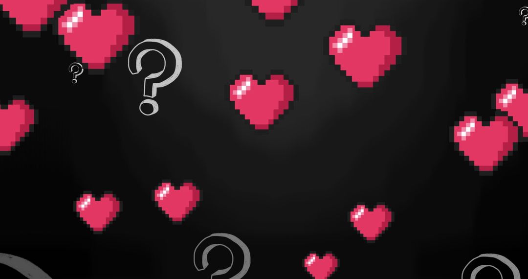 Pixelated Hearts with Question Marks on Black Background