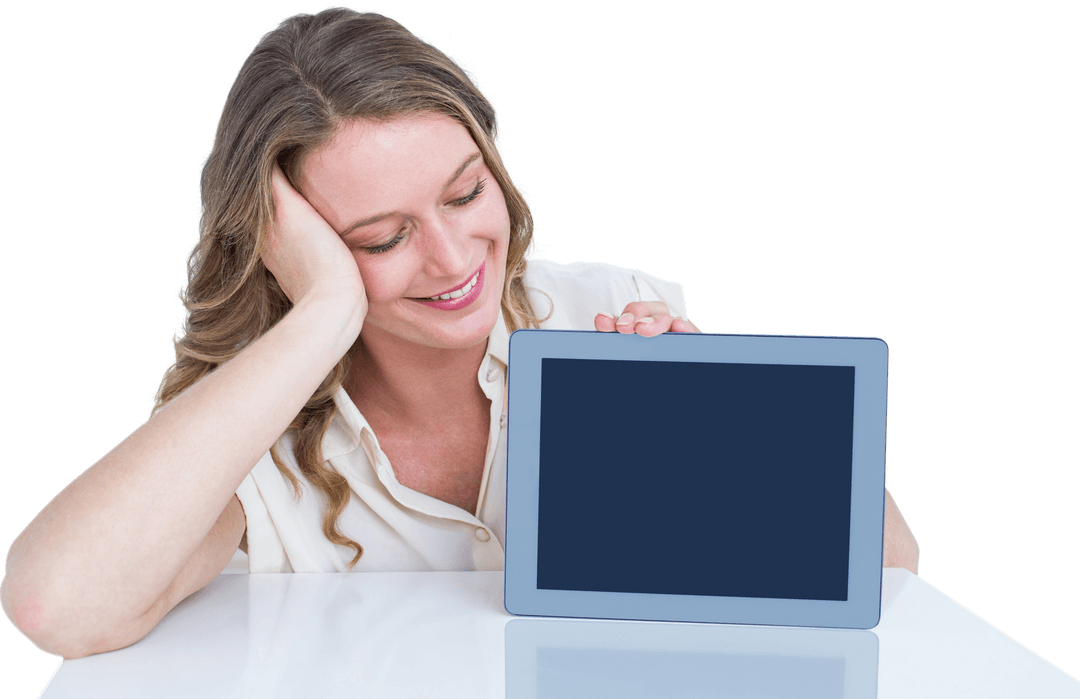 Smiling Woman Displaying Digital Tablet on Transparent Background