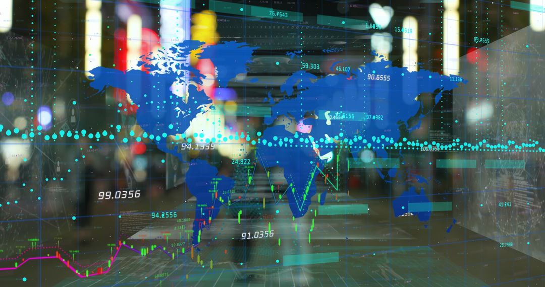 Digital Data Displays on Global Map Conveying Business Networks