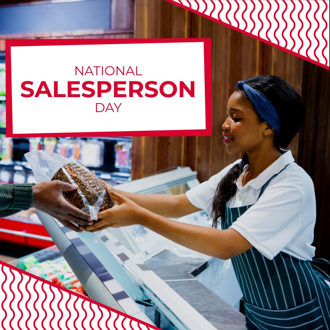 Composite of national salesperson day, african american woman selling food at counter in supermarket - Download Free Stock Templates Pikwizard.com