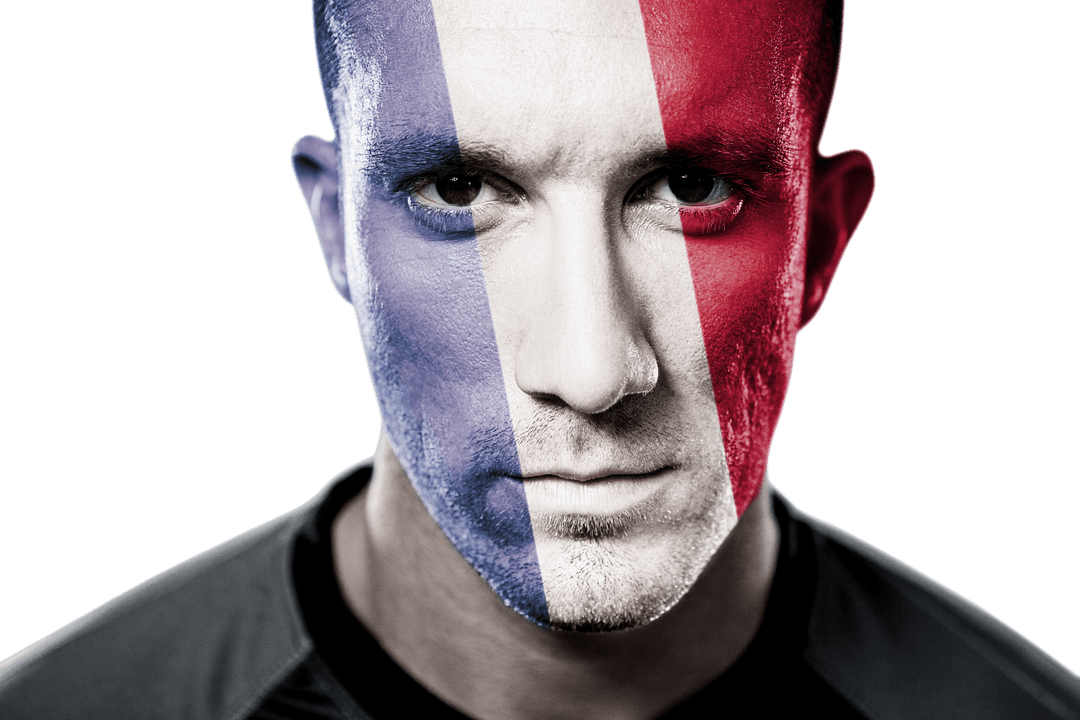 Man with French Flag Painted Face on Transparent Background