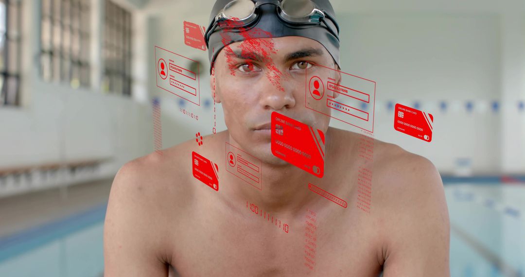 Focused Competitive Swimmer Wearing Goggles and Cap with Red Holographic Digital Interface