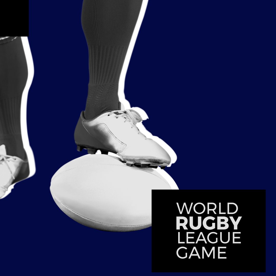 Player Ready to Kick Rugby Ball on Blue Background