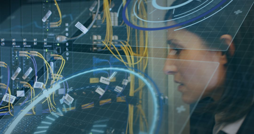 Woman Monitoring Server Network Hologram in Data Center
