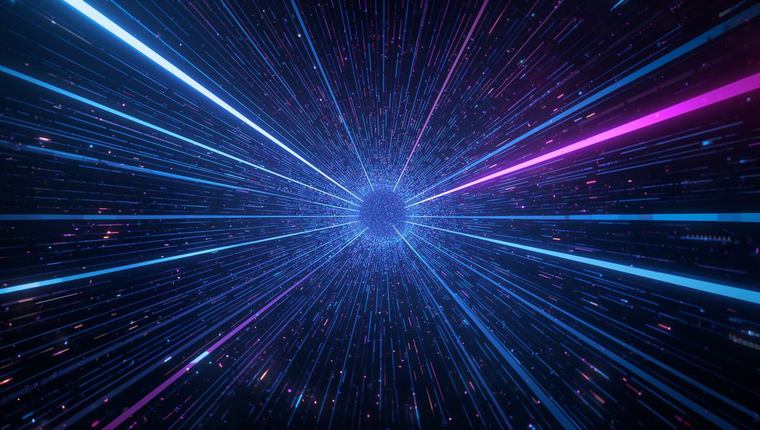 Glowing Sphere Emitting Neon Beams in Digital Hyperspace Tunnel