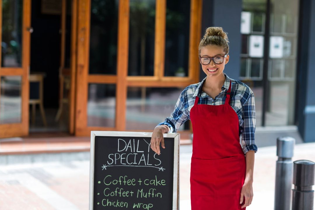 Cheerful Cafe Worker with Daily Specials Chalkboard Outside Cafe