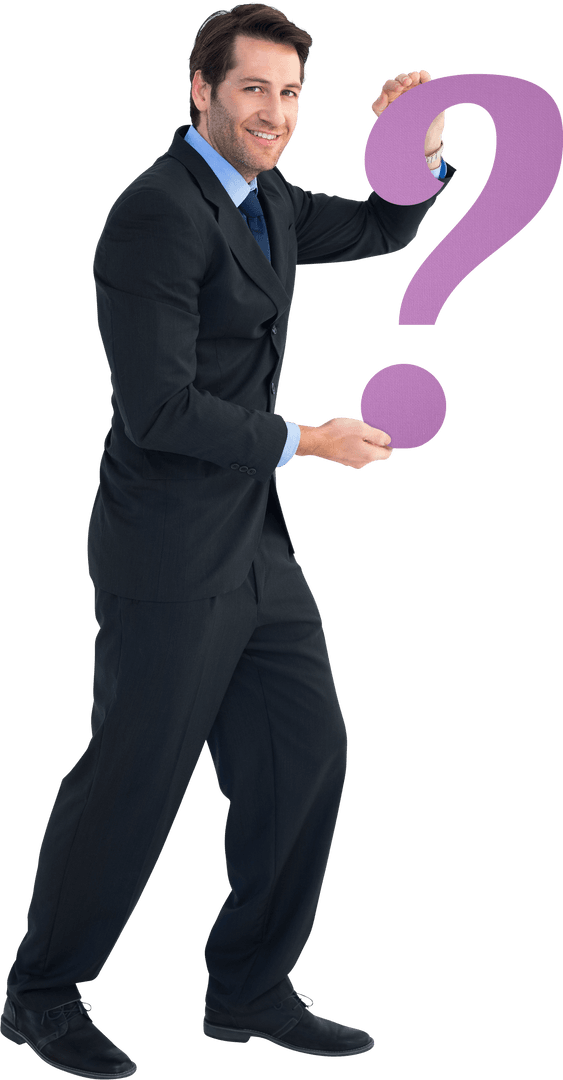 Transparent Businessman Holding Question Mark with Curious Expression