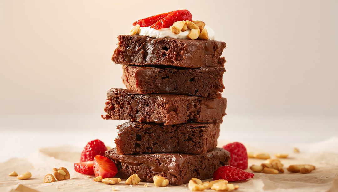Stacking chocolate brownies topped with cream, strawberry slices and chopped peanuts