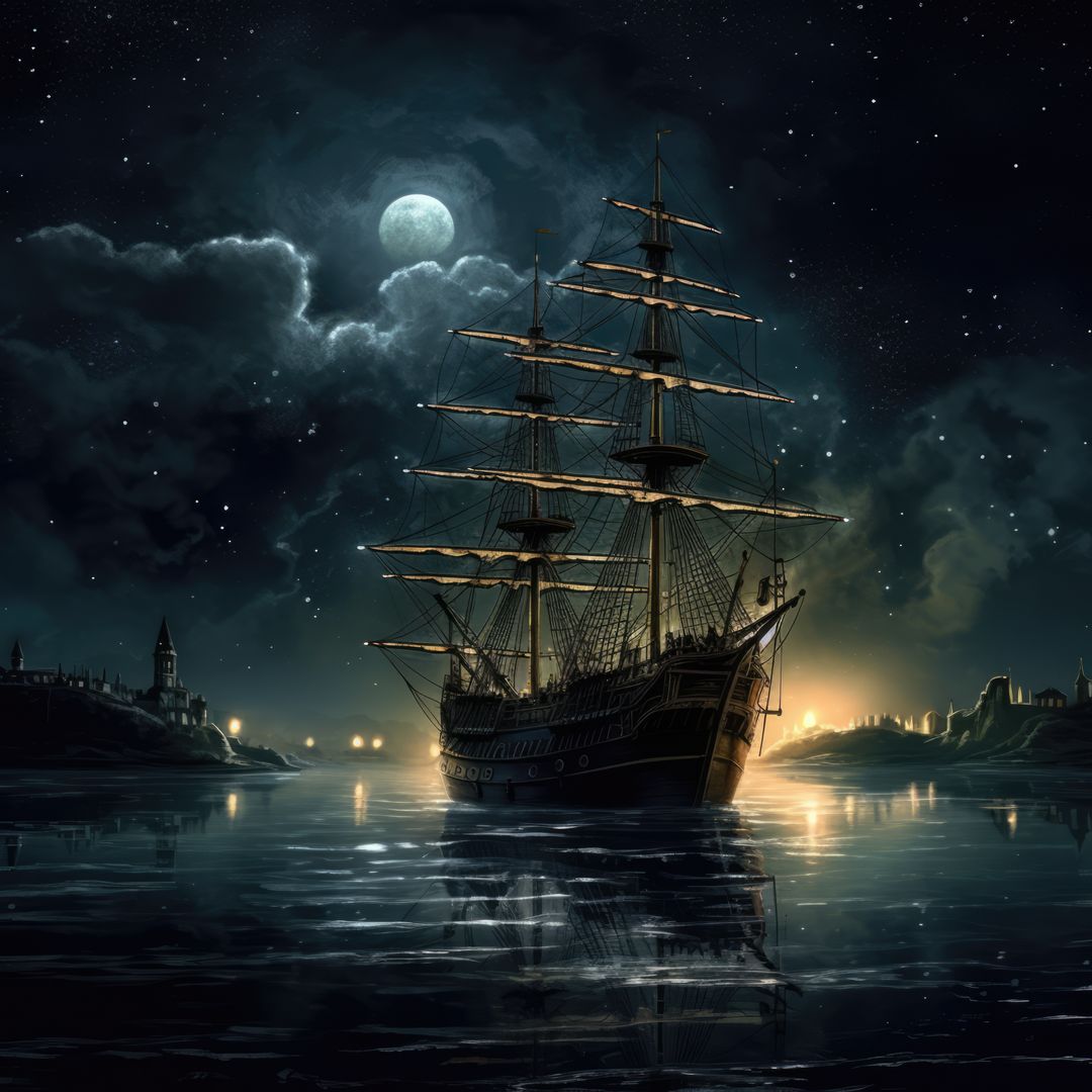 A majestic sailing ship rests under a moonlit sky - Free Images, Stock Photos and Pictures on Pikwizard.com