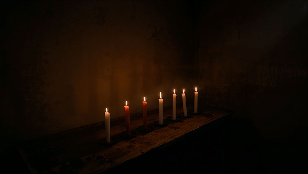 Row of Lit Candles Casting Warm Glow in Dim Room