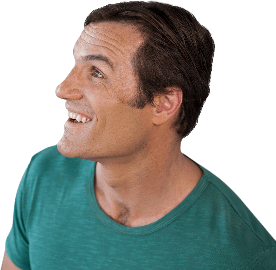 Happy Mature Man Looking Up in Green Shirt on Transparent Background