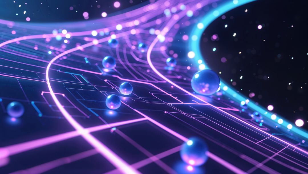 Futuristic Neon Grid with Glowing Spheres in Digital Space