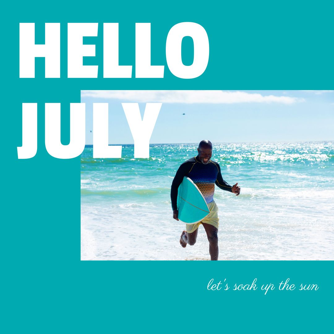 Happy Senior Man with Surfboard Enjoying Beach in July