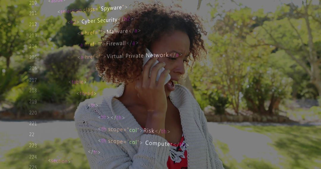Woman Engaging in Phone Call with Superimposed Digital Code Elements