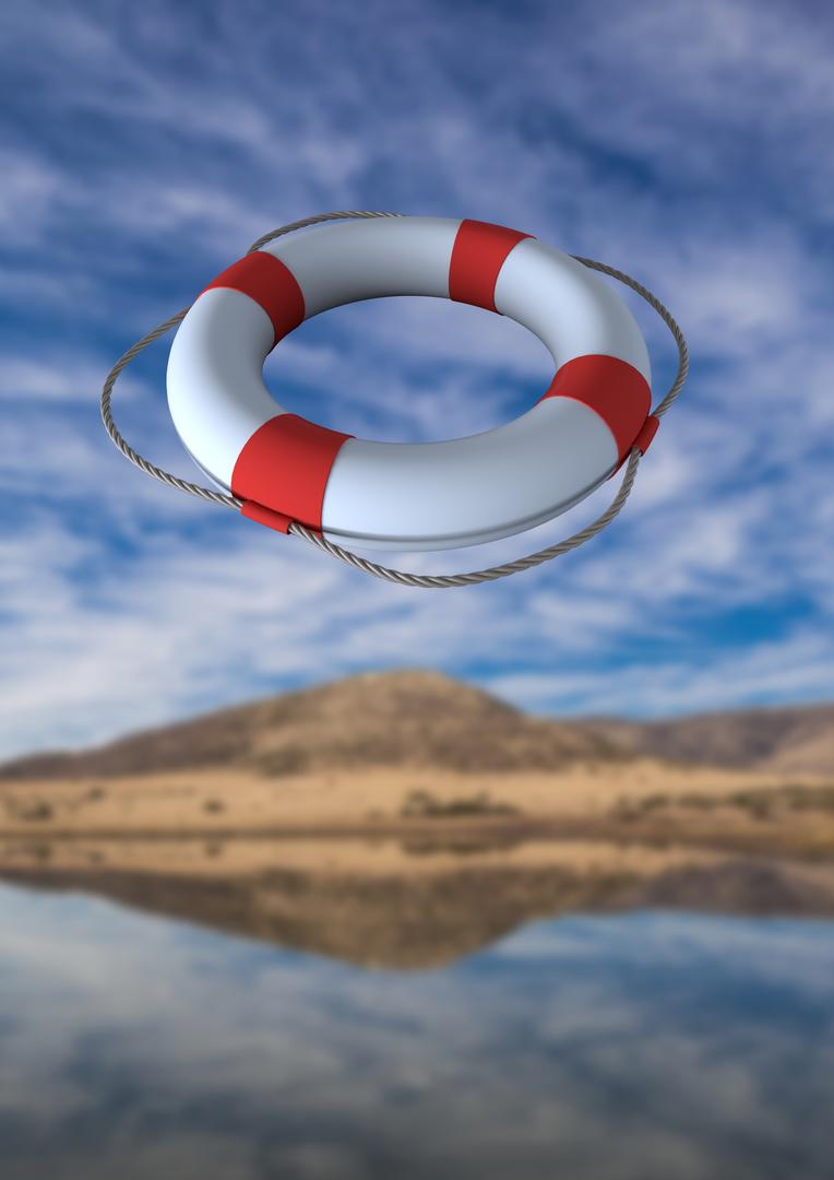 Lifebuoy Floating Against Scenic Landscape with Mountains and River - Free Images, Stock Photos and Pictures on Pikwizard.com