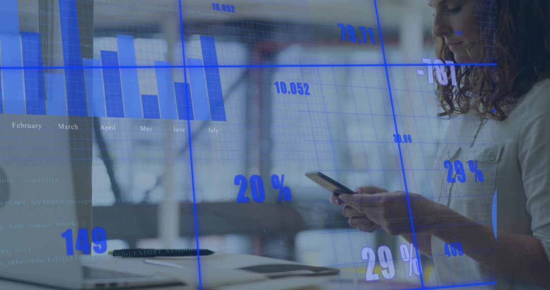 Young woman checking smartphone with blue data visualization overlay in modern office