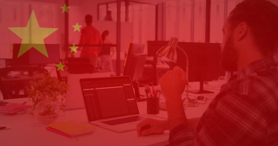 Business Team in Modern Office with Overlay of Chinese Flag