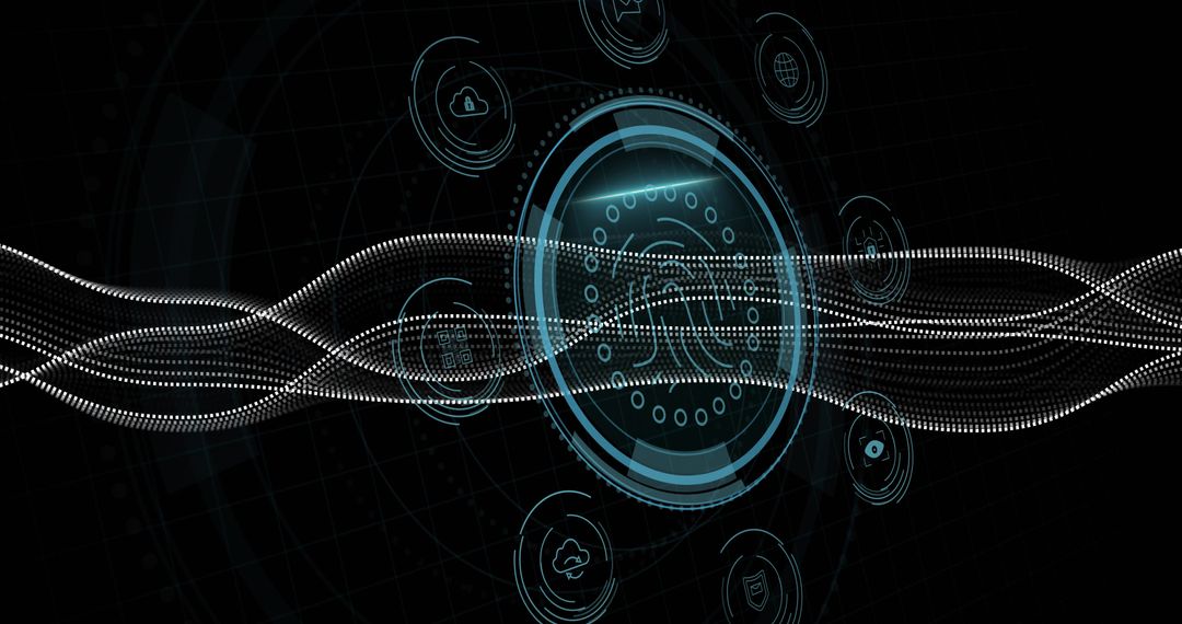 Futuristic Fingerprint Scanner with Cybersecurity Icons and Waveforms