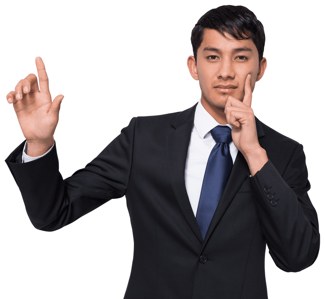 Thoughtful Asian Businessman Pointing on Transparent Background