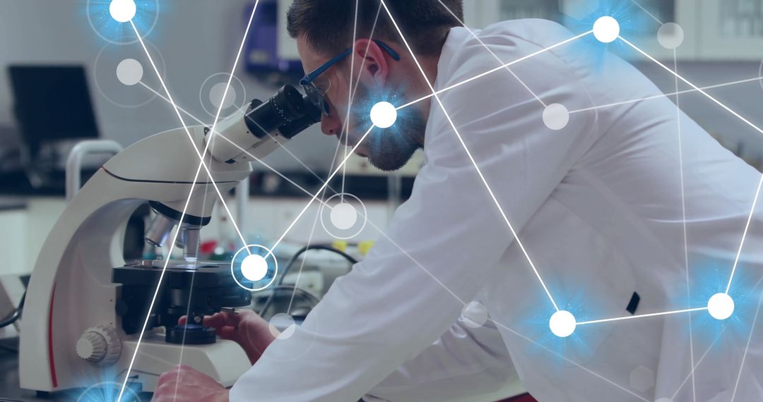 Scientist Examining Microscopic Data with Digital Network Overlay